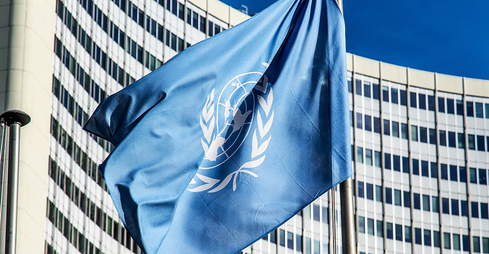 U.N. flag in front of building.