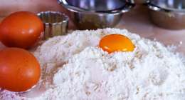 Baking with eggs and flour.