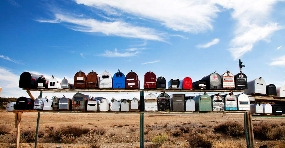 Row of mailboxes.