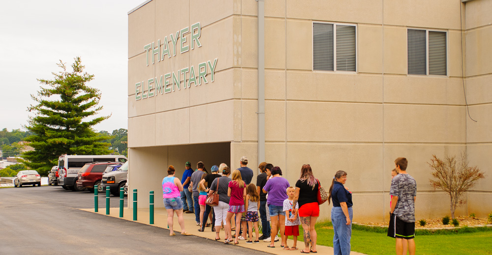 A line formed for back to school supplies.