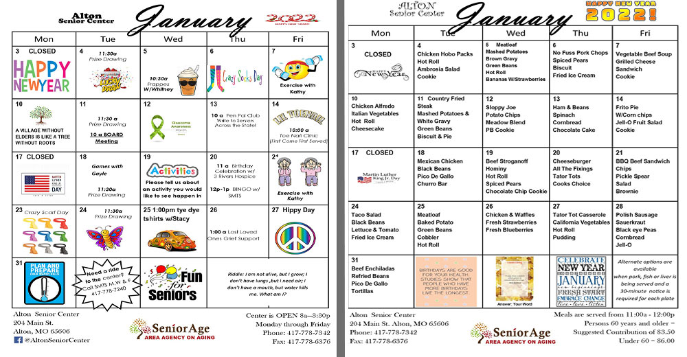 Alton Senior Centers January Meals and Activities.