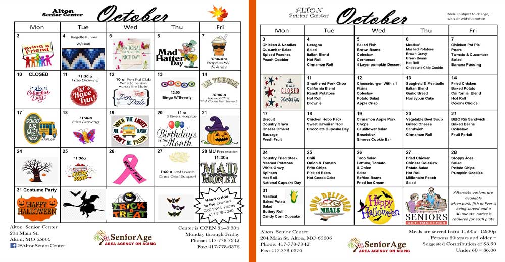 Alton, Missouri, Senior Center meals and activities for October 2022.