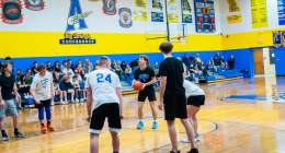 ALTON, MO - MARCH 9: Alton Senior Rylan Steele (black shirt) gets ready to attempt a free throw during the basketball game between the Alton Seniors and the Alton Faculty on March 9, 2023 at the Alton High School Gym in Alton, Missouri. (Photo by Amanda Thomas/AltonMo.com)