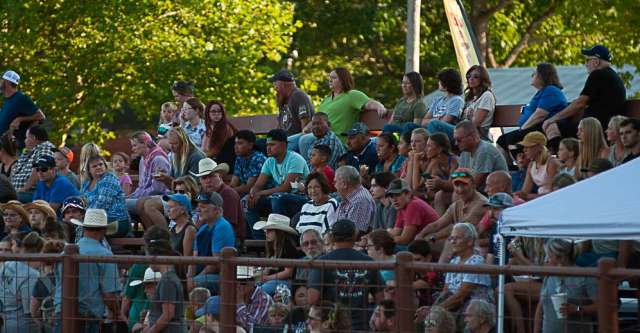 Fans sitting on the bleachers waiting for the rodeo to start.