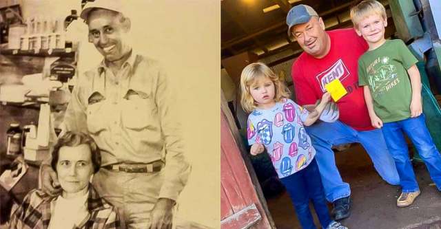 Left picture: Wallace and Viola Strain in their feed store. Right picture: Steve Mills with two children who have just sold their walnuts.