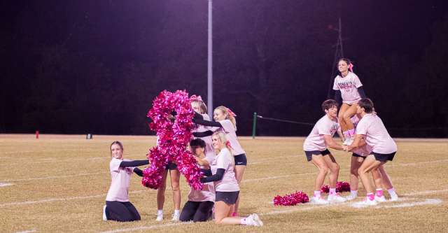 THAYER, MO – OCTOBER 11: Thayer Bobcats cheerleaders do a routine at halftime during the high school football game between the Thayer Bobcats and the Ava Bears on October 11, 2024, at the Thayer High School football field in Thayer, MO. (Photo by Amanda Thomas/AltonMo.com)