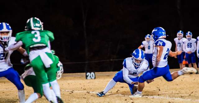 THAYER, MO – NOVEMBER 1: Clever Bluejay kicker Tavis Lemmer (24) kicks the ball through the endposts during the high school football game between the Thayer Bobcats and the Clever Bluejays on November 1, 2024, at the Thayer High School football field in Thayer, MO. (Photo by Curtis Thomas/AltonMo.com)